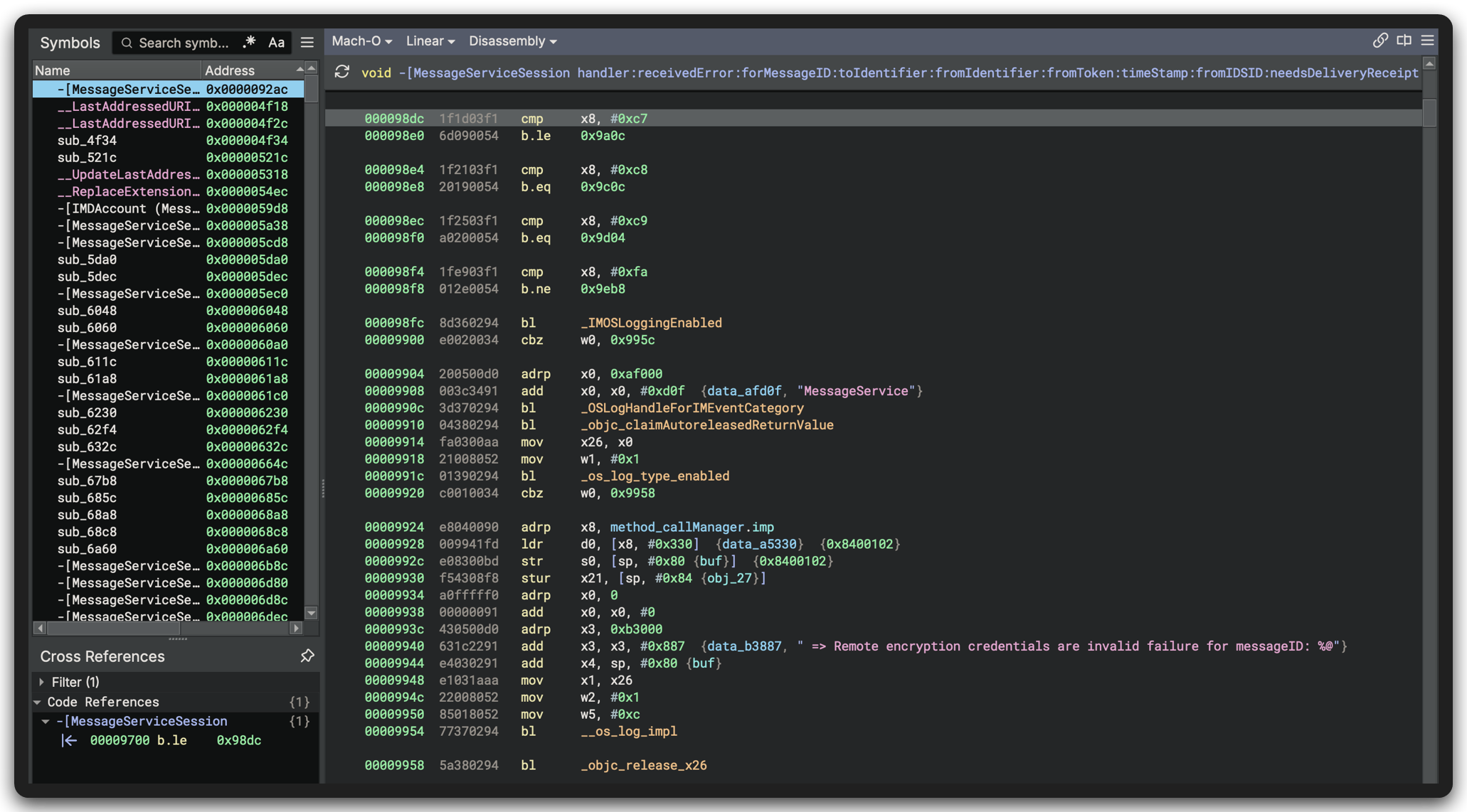 Binary Ninja disassembly comparing the peer-error reason with hexadecimal c8