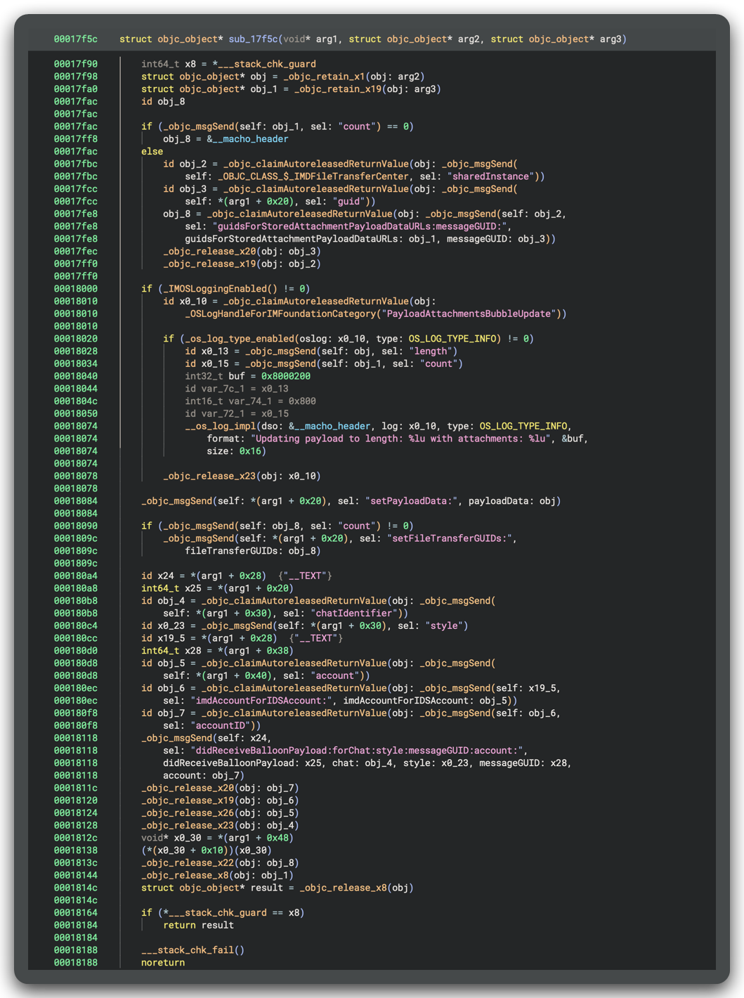 Binary Ninja HLIL of the iOS 18.3.1 inbound decoder storing attachment transfer GUIDs