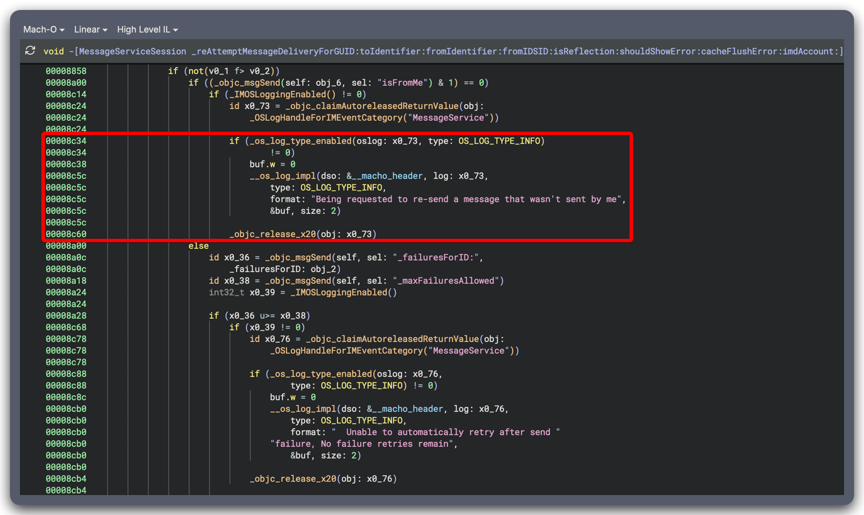 Binary Ninja HLIL of the fixed iOS 18.3.1 retry path with the isFromMe check