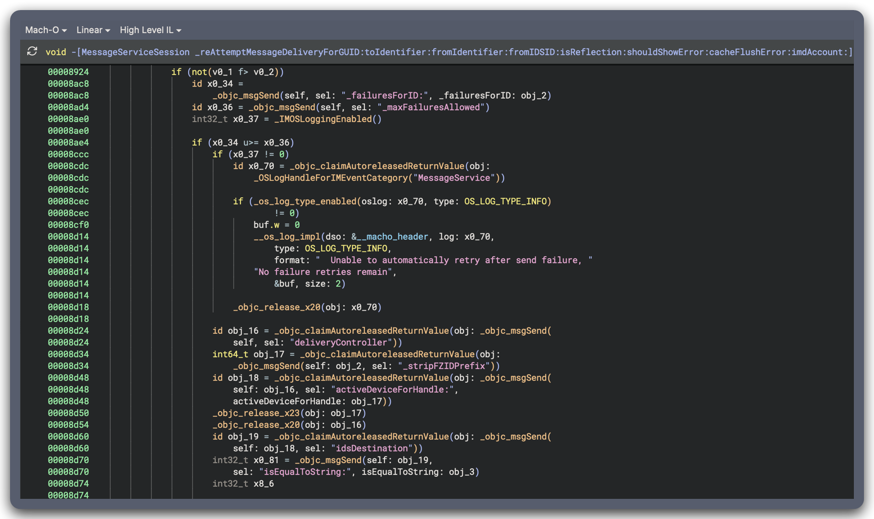 Binary Ninja HLIL of the vulnerable iOS 18.3 retry path without an isFromMe check