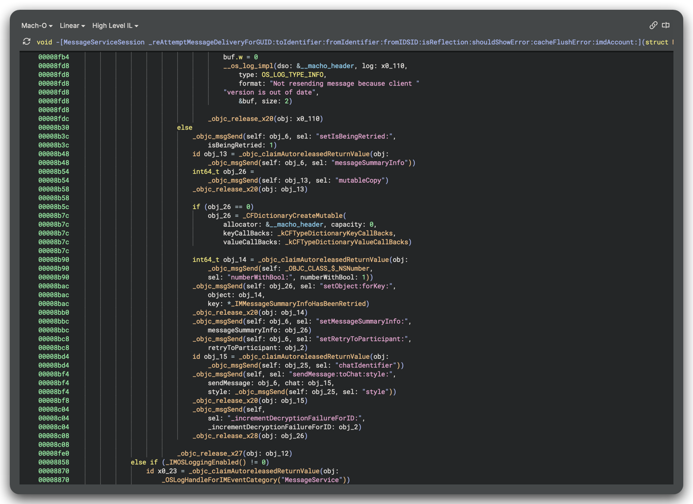 Binary Ninja HLIL of the iOS 18.3.1 retry state mutations and send call